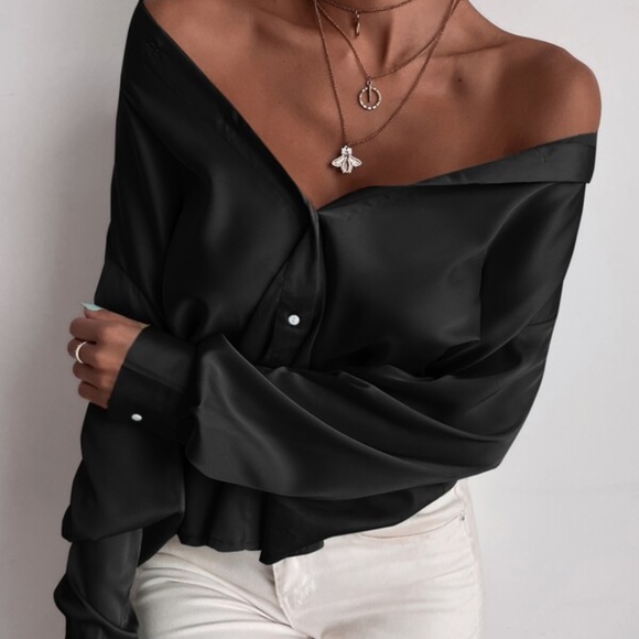 BellanBlue Tops - Satin Black silky button down Boyfriend Work Top